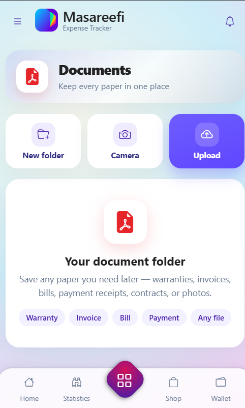 Documents screen with New folder, Camera, and Upload, and an empty folder for warranties, invoices, and receipts