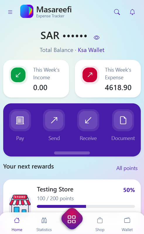 Mahfaza dashboard with hidden balance, weekly totals, and Pay and Send actions